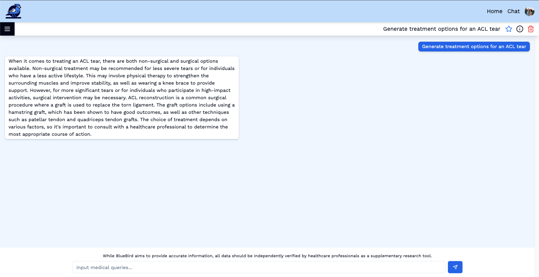 Website what an AI chat discussing treatment options for an ACL tear.